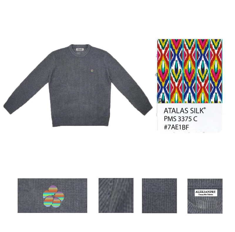 Aleksandre棉宝”日照金山“艾德莱斯棉花刺绣灰色羊毛混纺毛衣