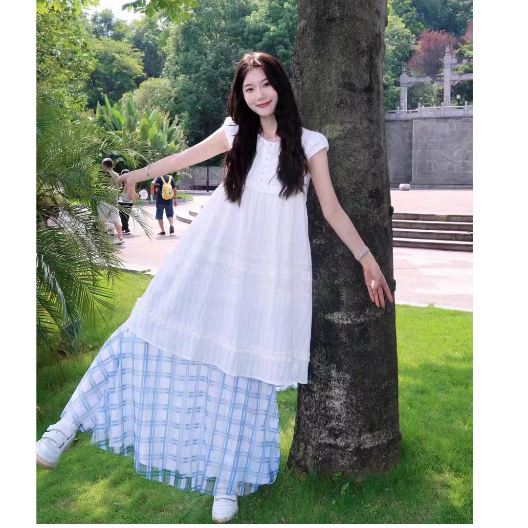 小飞袖连衣裙+蓝格半身长裙  BSS59023