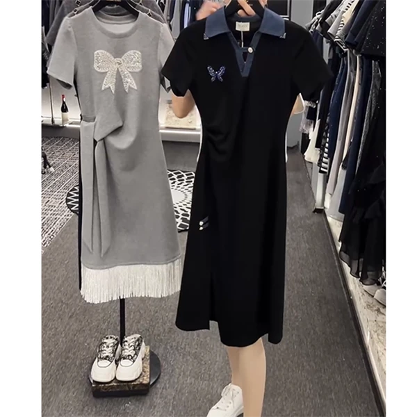 韩版撞色翻V领蝴蝶结连衣裙2025夏季新款时尚气质褶皱收腰中长裙