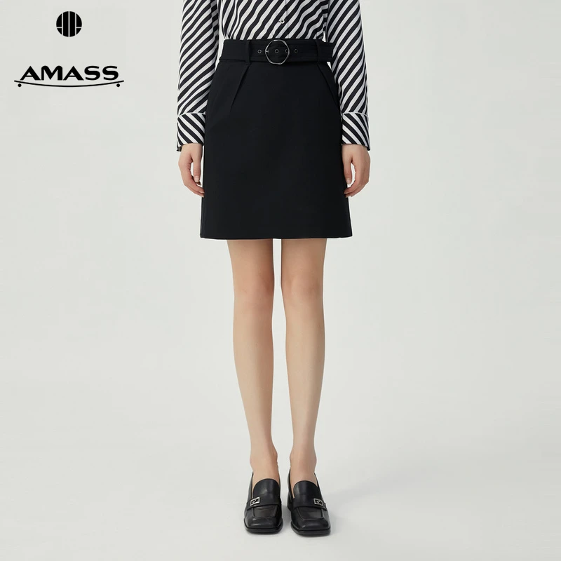 阿玛施AMASS女装新款显瘦简约百搭A版羊毛短裙(附腰带)5200322-2