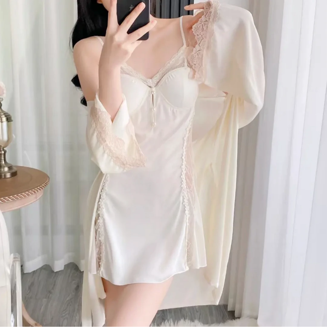【若梦】纯欲蕾丝睡裙冰丝带胸垫网红小个子女款两件套吊带睡衣显瘦