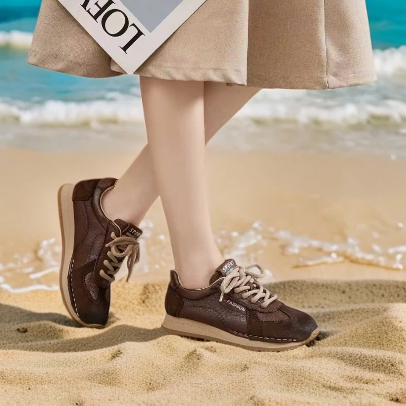 真皮运动鞋圆头秋季休闲鞋时尚厚底舒适百搭复古软底系带阿甘鞋