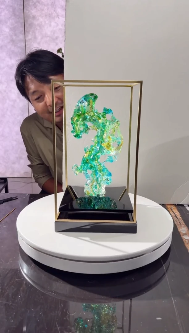 摆件CS0202001欧碧色小太湖石+定制黑底座架子