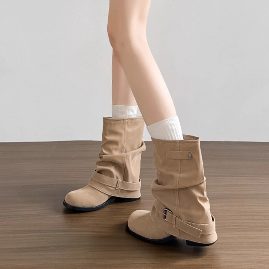 内增高西部牛仔堆堆靴女2025秋季新款褶皱裤管短靴复古骑士马丁靴