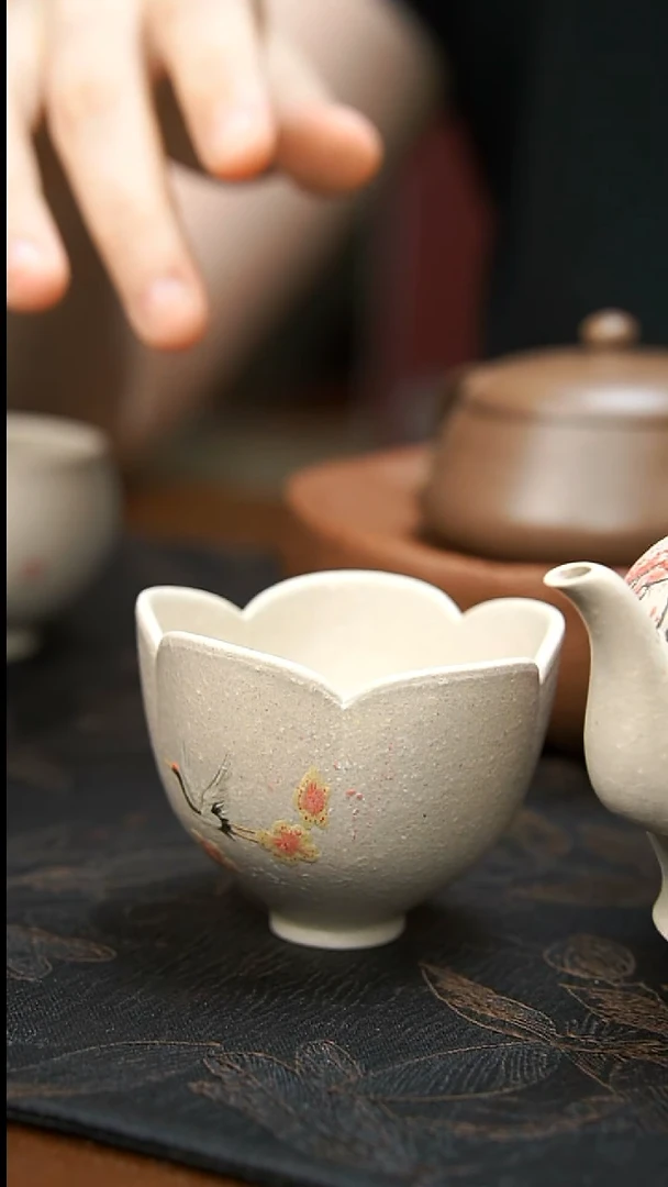 茶壶紫砂瑞鹤花花杯