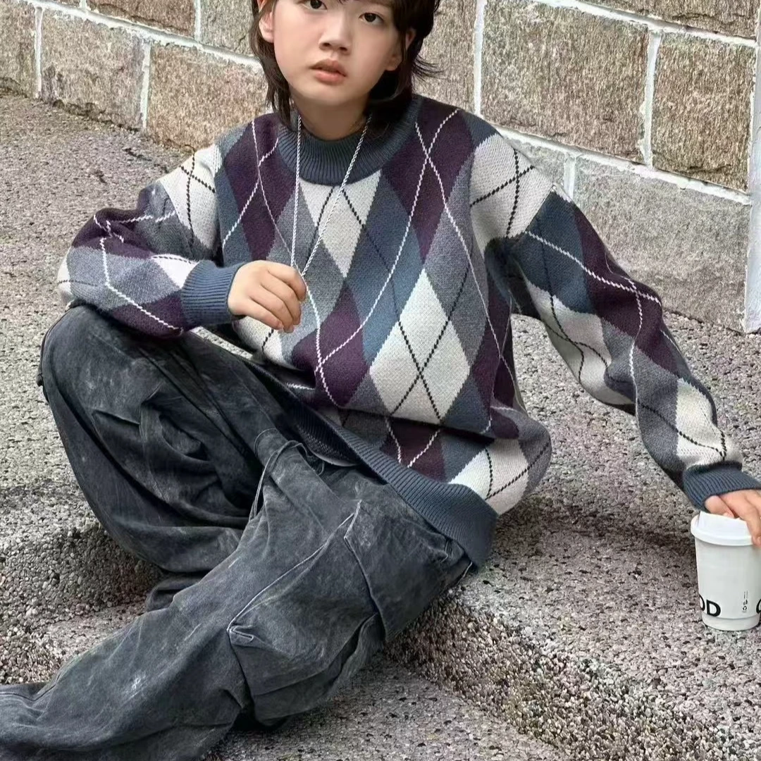 001#撞色慵懒菱形格系列毛衣