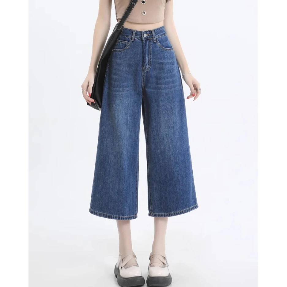 复古宽版八分阔腿软牛仔裤女2025夏季薄款a字高腰小个子奶奶裤子