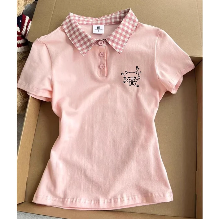 韩系甜美粉色POLO领短袖T恤女夏季新款格子拼接设计感正肩上衣服
