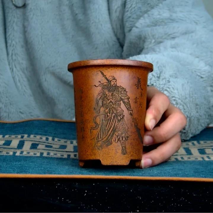 添季内径7*9.5紫砂高温复烧龙骨金砂口沿圆筒花盆刻绘关公万象盆