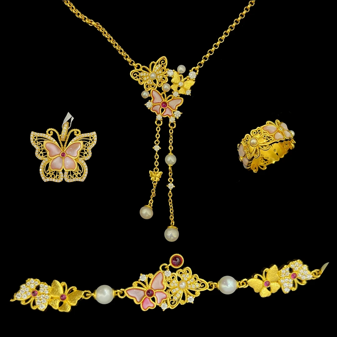 足金999宫廷风花丝蝴蝶戒指吊坠手链套链