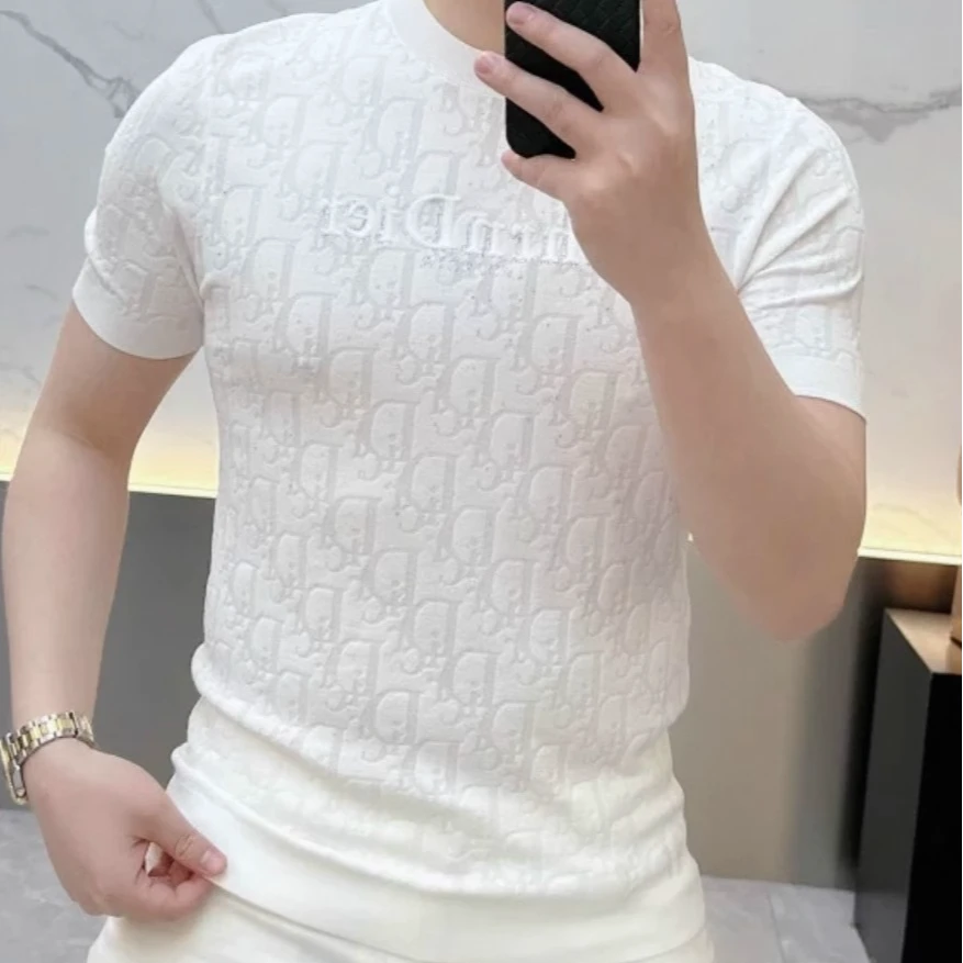 卡因耶查夏季潮牌冰丝针织短袖T恤男修身休闲个性时尚字母提花T恤