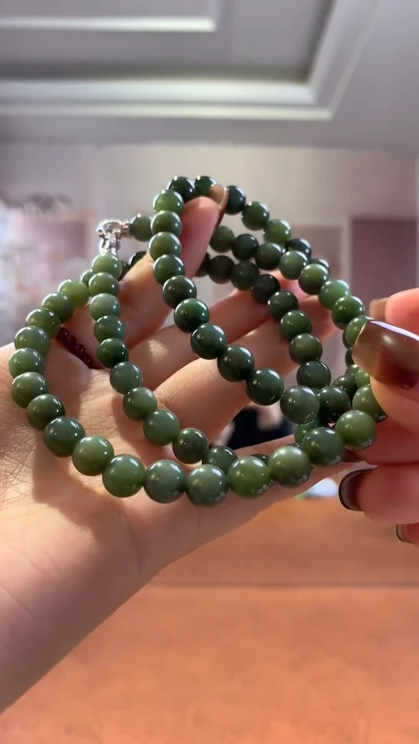 银S925镶嵌和田玉挂件瓷蓝猫眼项链+手串一套