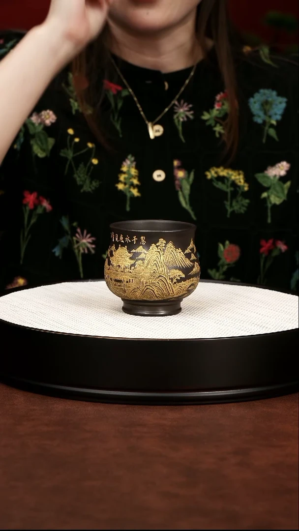 茶壶紫砂宜兴紫砂 描金石黄 亭台杯