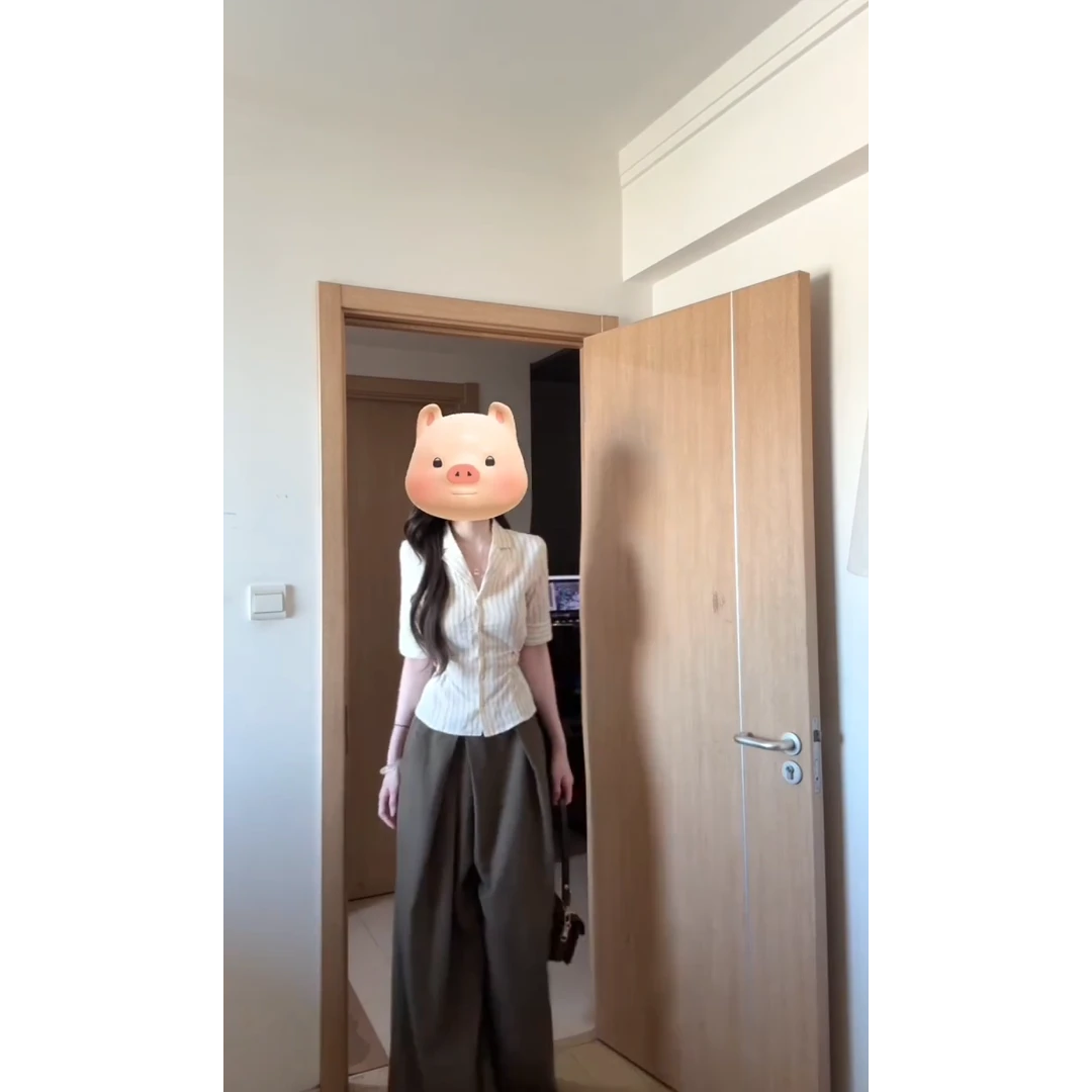 MARIE.COCO时尚简约轻职风套装条纹系带修身衬衫上衣气质休闲裤潮