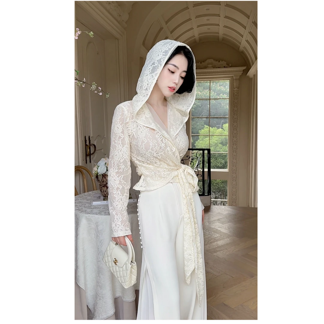 LYXJ【圣托里纳午后】蕾丝连帽上衣2025夏新款收腰显瘦蕾丝镂空上衣