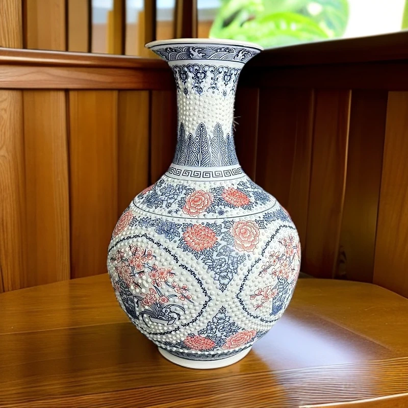 ZY-DP-A215釉里红点珠开窗花鸟赏瓶礼盒装+底座
