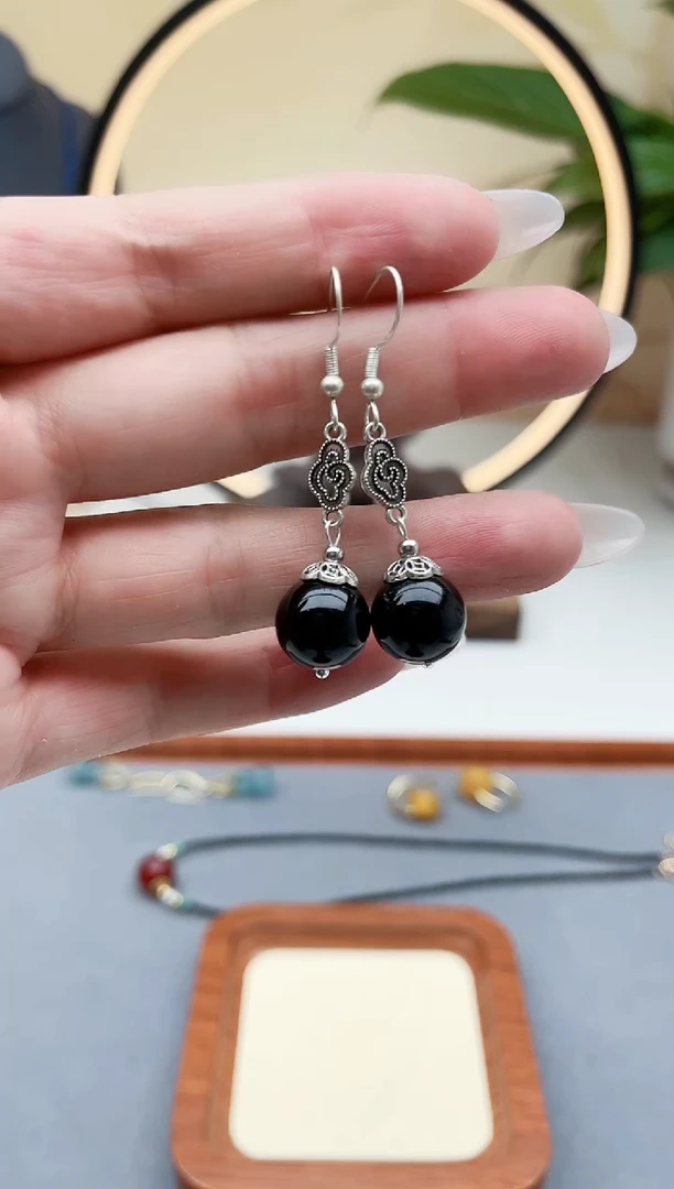 黑曜岩银S925镶嵌耳饰207