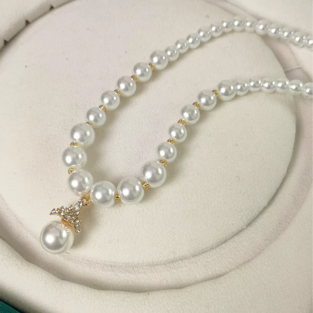 铜合金琉璃项链 铜合金气质坠链玻璃项链白珠高级轻奢项链S029