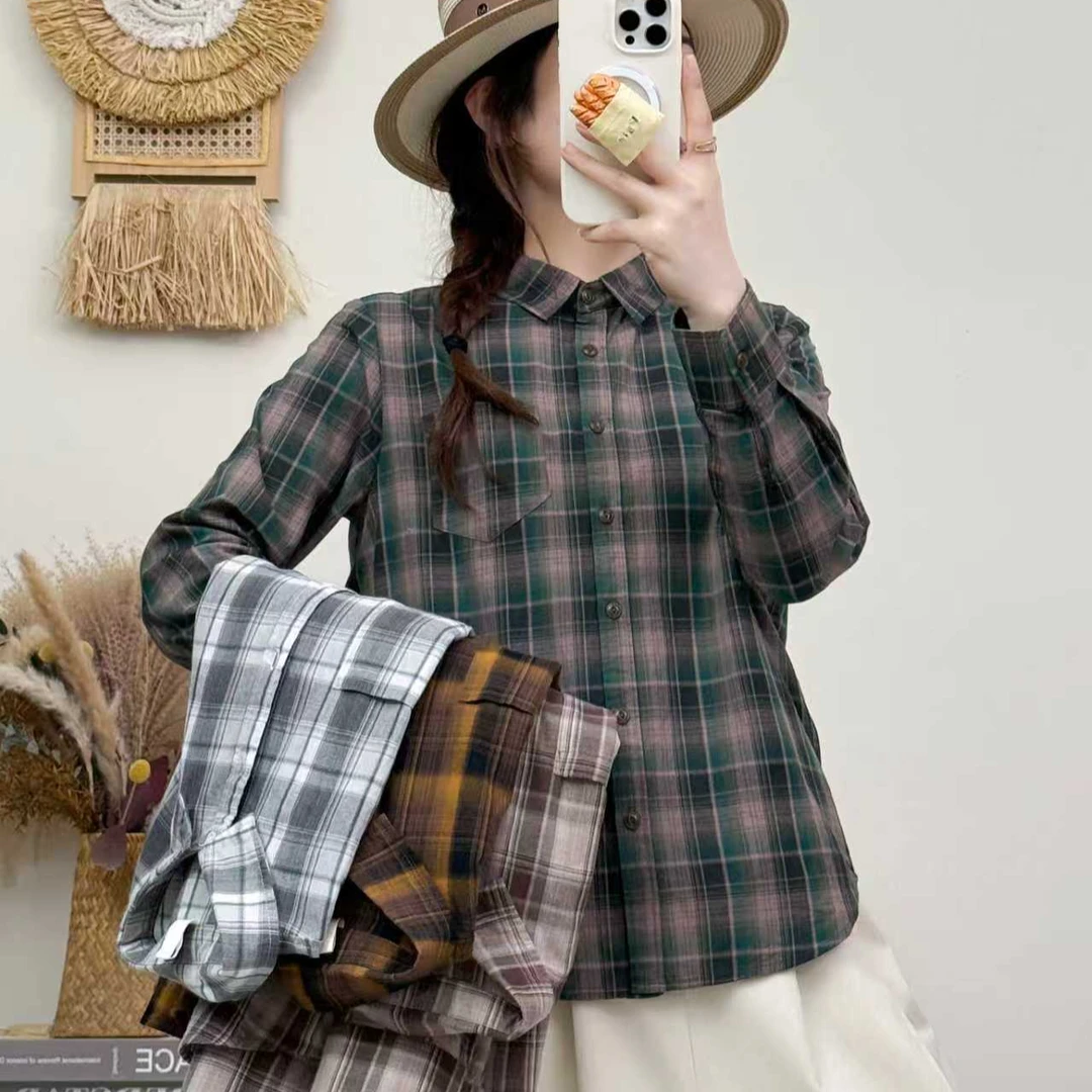 新款原创色织休闲棉纱格子衬衫女遮肉显领长袖空调衫舒适透气百搭