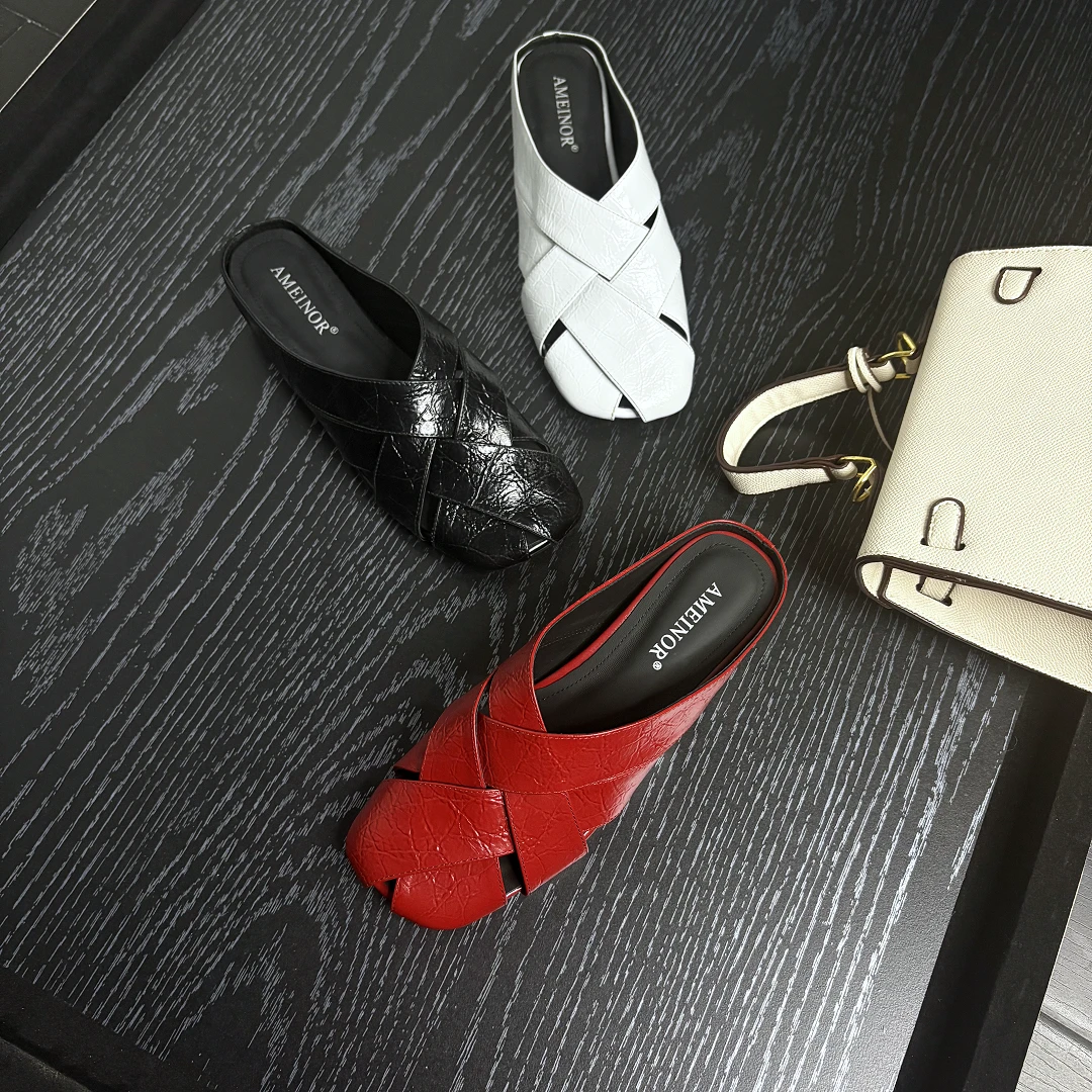 (现货）AMEINOR新款交叉绑带真皮透气经典适女士一脚蹬包头拖鞋