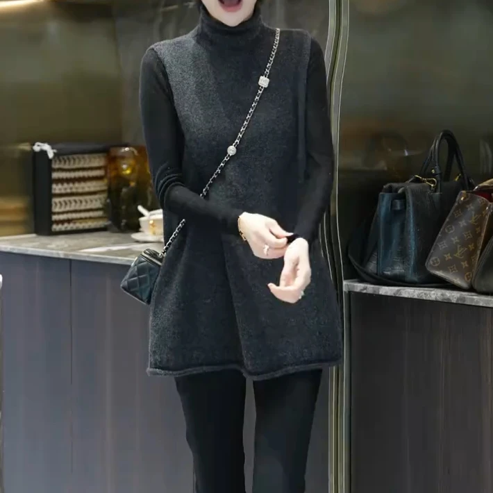 [工厂直销套装]秋冬款慵懒风中长卷边立领马甲+百搭长袖H037+X87