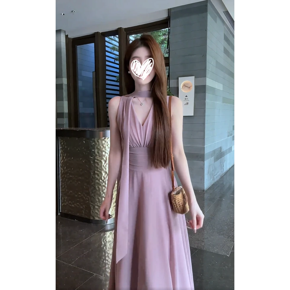 【高知姐姐】夏日漫步  高级感V领无袖挂脖收腰显瘦气质长裙子女装