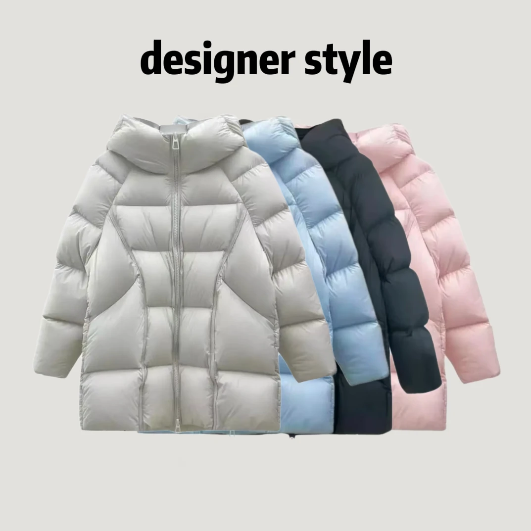 自带哑光珠光感 轻奢重工中长连帽90白鸭绒厚款羽绒服女A8