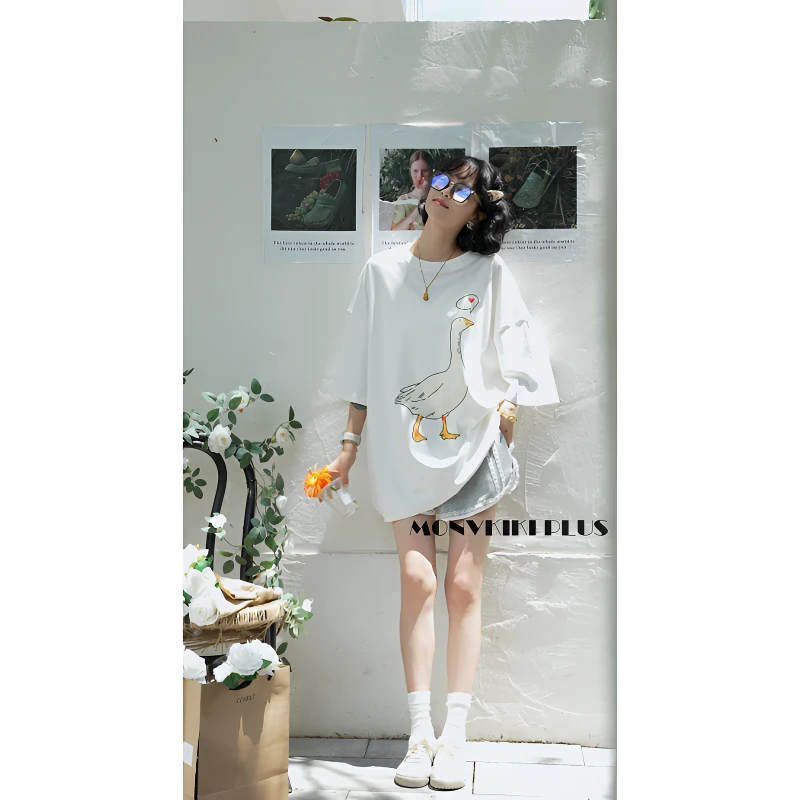 MoNvKiKiPlus5【芭蕾梦】90%棉大版印花短袖T恤白色显瘦减龄#E21