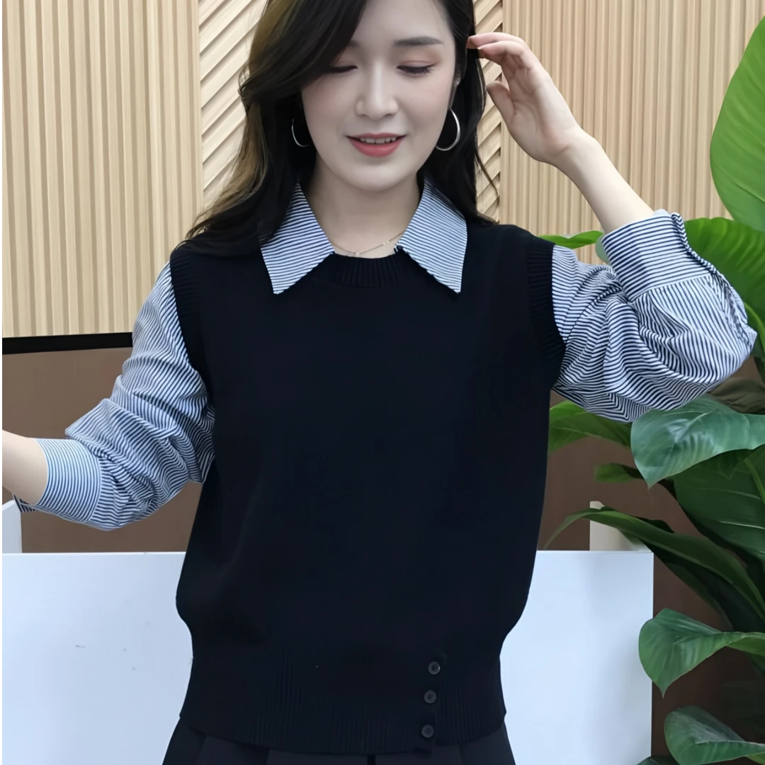 假两件条纹拼接针织毛衣女秋季新款POLO领韩版宽松气质百搭上衣