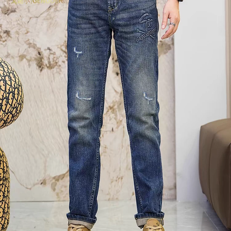 戈诺尔2023秋冬新款长裤子男士修身直筒男裤立体印花牛仔裤显瘦潮
