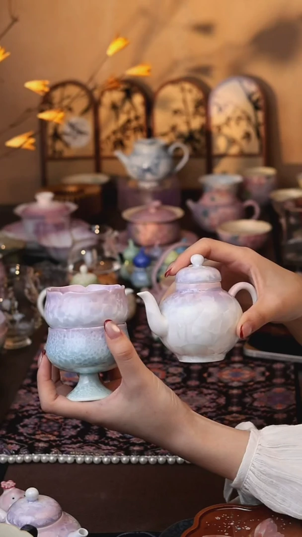 米*呀紫青+紫白花苞杯+宫灯壶