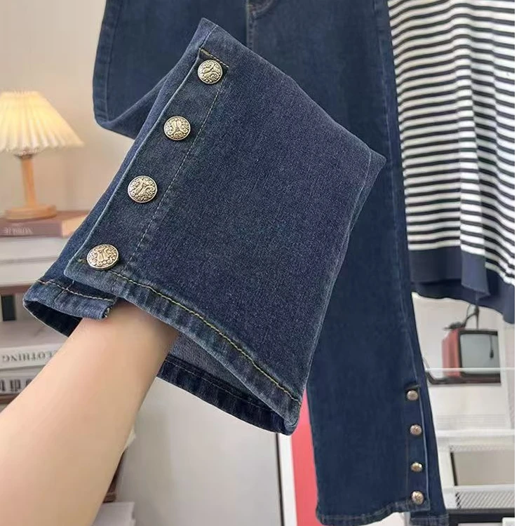 大码牛仔裤女秋冬2025新款胖妹妹弹力高腰显瘦微喇九分裤