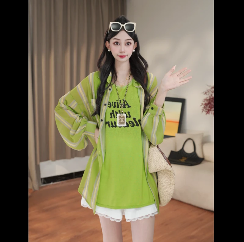 【现货】短款长袖撒银休闲中长款格纹防晒衬衫上衣气质24531