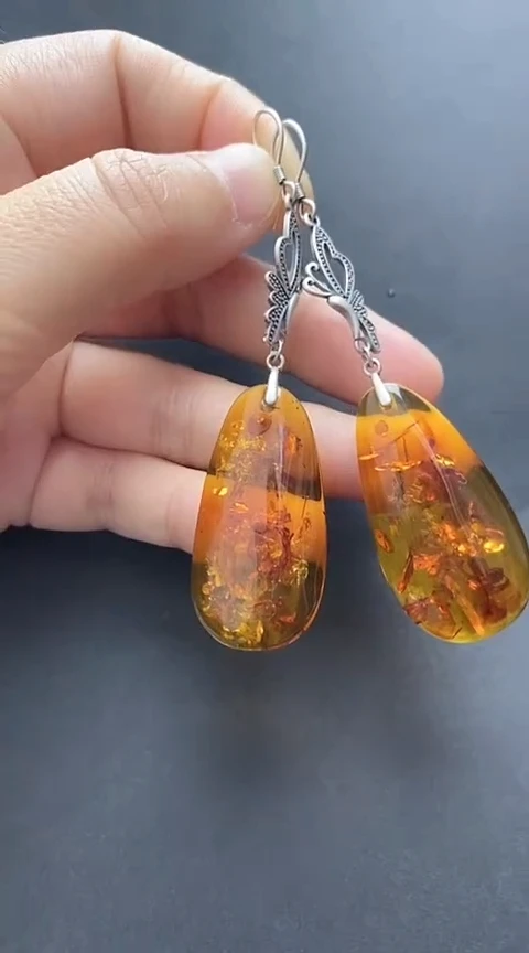 【闪购商品】琥珀裸石银S925镶嵌花珀耳坠