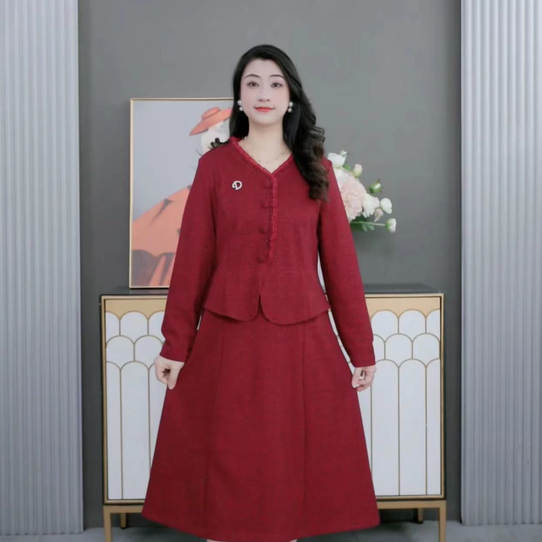 大码女装红色气质时尚洋气花边领高腰显瘦女装碎花连衣裙231053