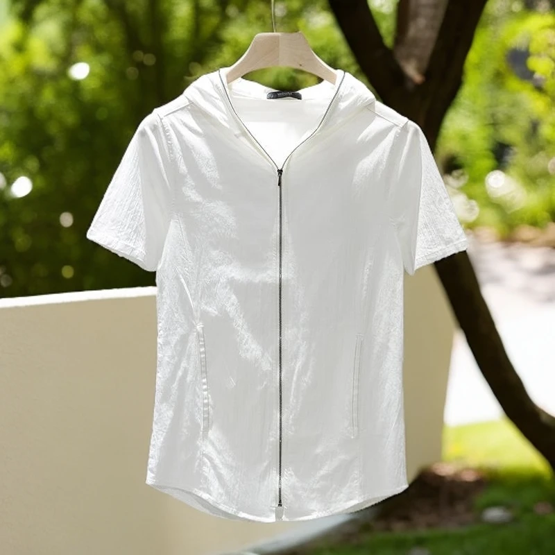 2025年夏季新款短袖男士连帽T恤韩版潮流薄款外套开衫拉链半袖t恤