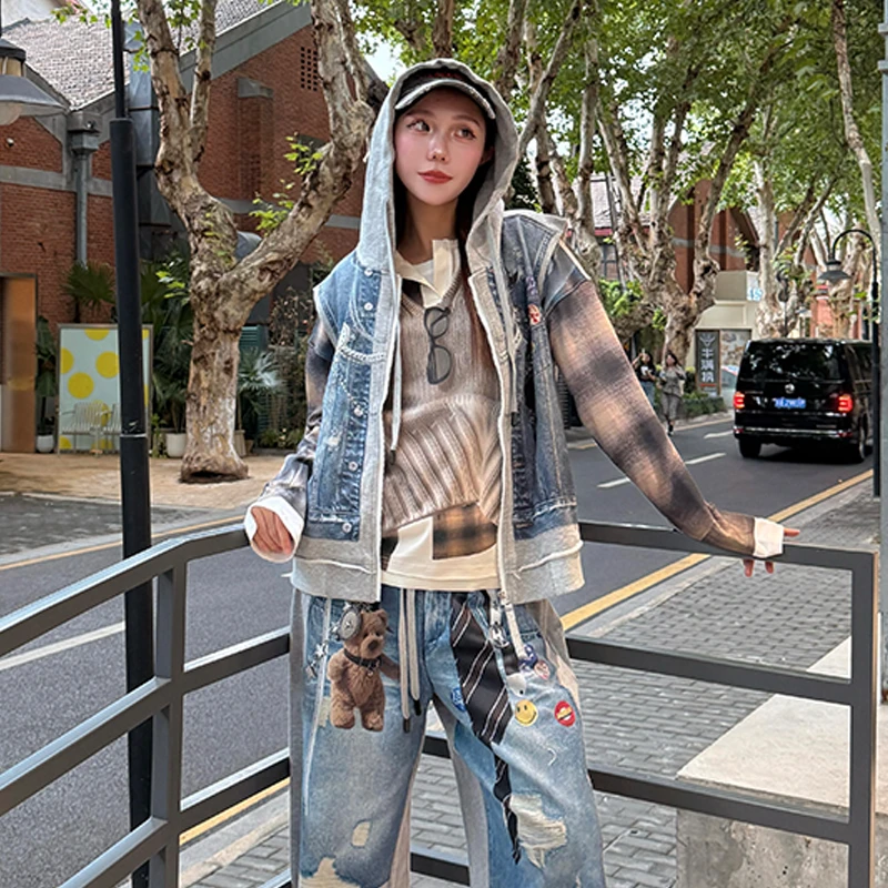 河岸家设计师丿未PUREVENUS百搭牛仔印花连帽卫衣马甲女25秋