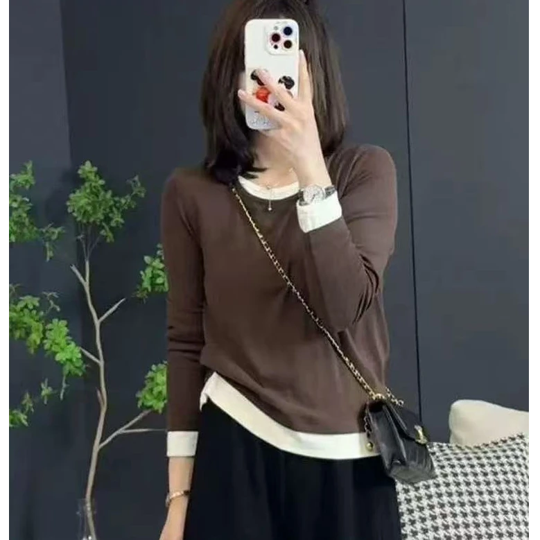 撞色假两件新款修身短款独特超好看上衣