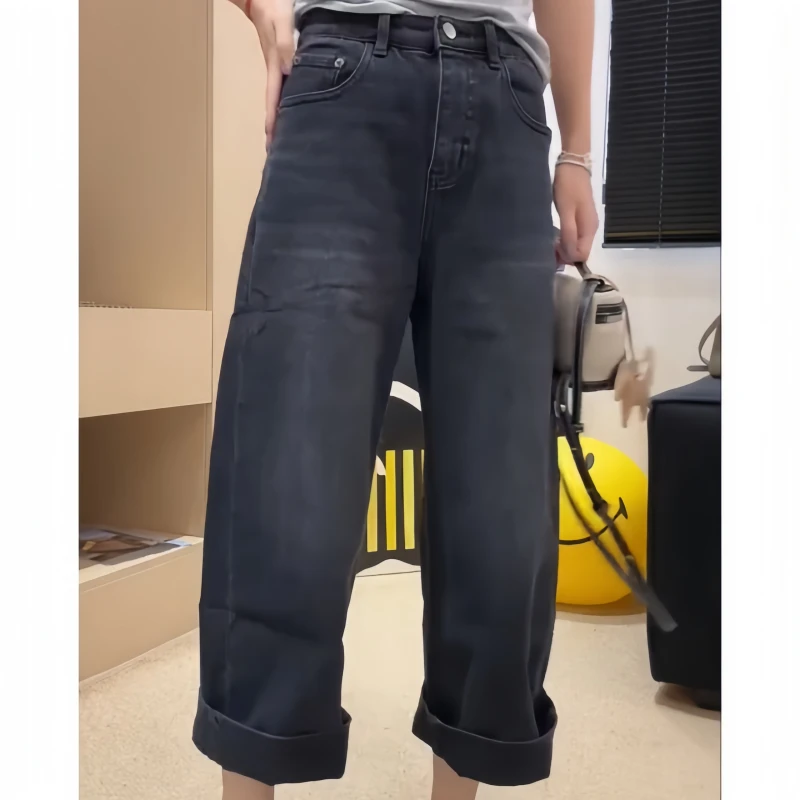 秋季直筒牛仔裤新款高腰显瘦遮肉肉宽松牛仔裤九分时尚气质休闲裤