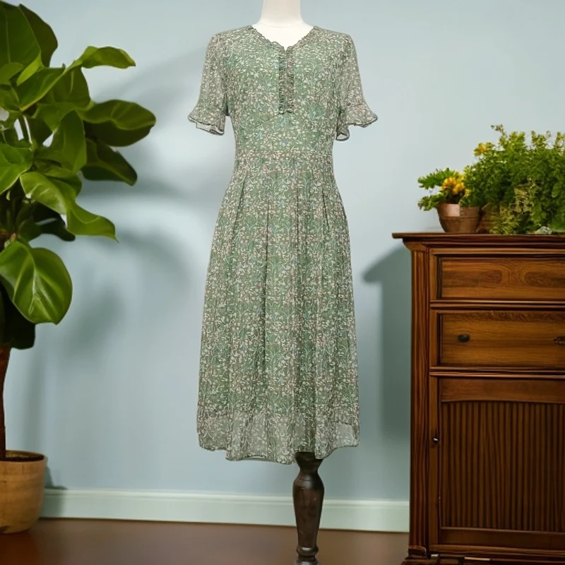 夏季时尚V领木耳边网纱印花连衣裙C084