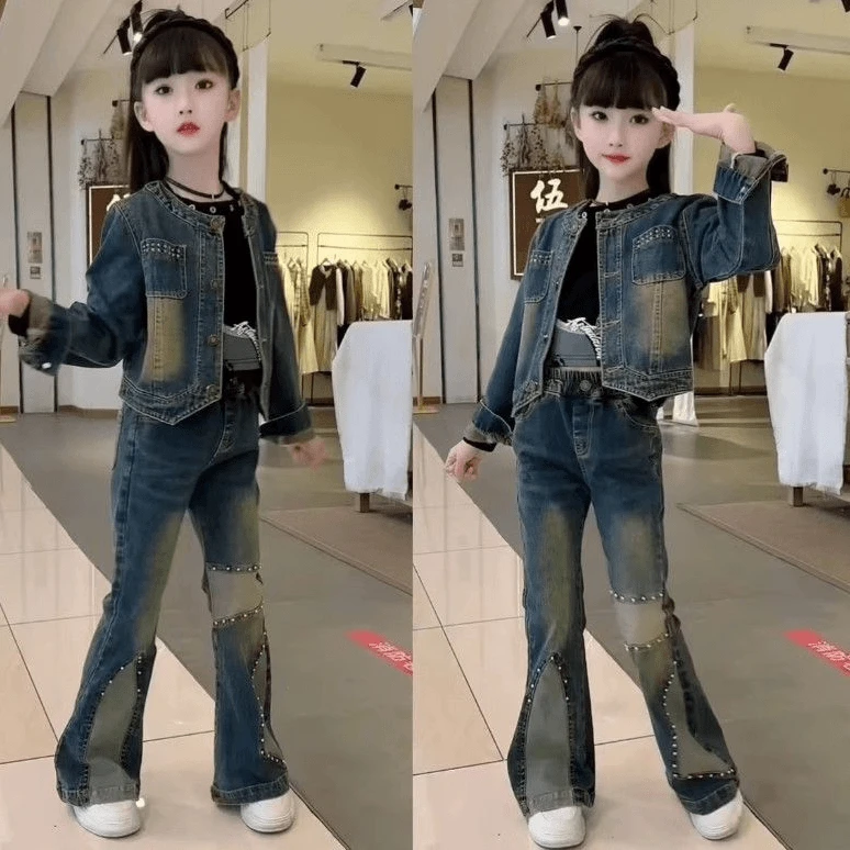 女童秋季牛仔春秋套装25新款时髦洋气儿童外套中大童复古两件套