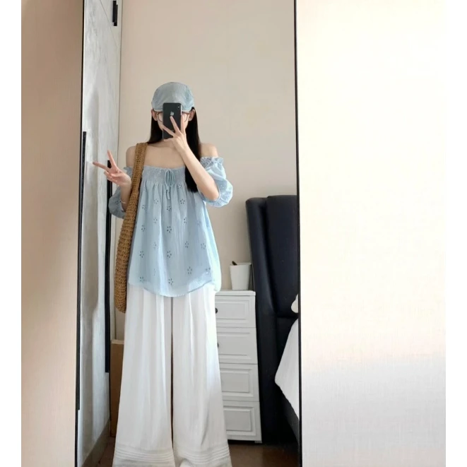 夏季蓝色高级感衬衫甜美泡泡袖两穿韩系温柔小衫上衣慵懒直筒裤女