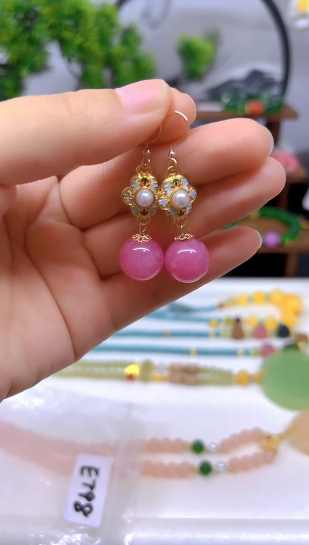 菱锰矿（红纹石）14K金镶嵌耳坠E798