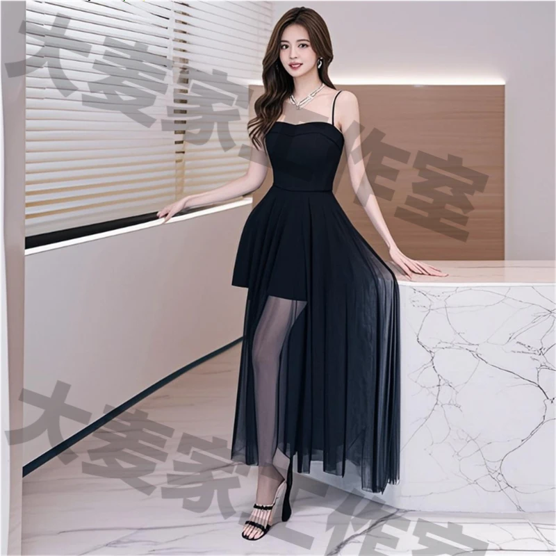 法式气质显瘦长裙小黑裙黑色长裙方领拼接连衣裙无袖夏季吊带礼服