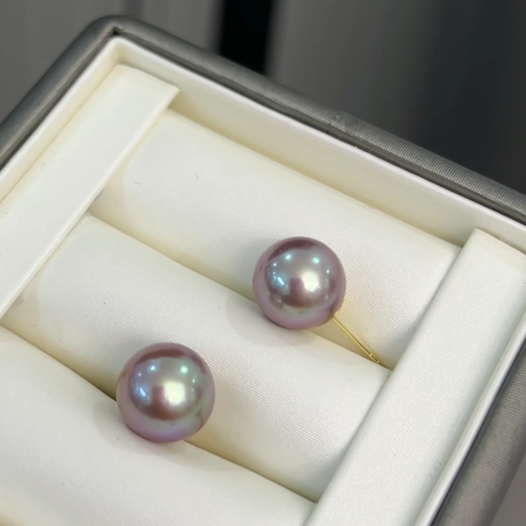 18K淡水超稀有色【蓝采和】高品质炫彩珍珠耳钉18K加厚加粗，11.8mm