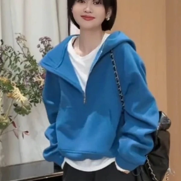 胖mm300斤欧货休闲半拉链外套女秋冬宽松遮肚显瘦慵懒风连帽卫衣