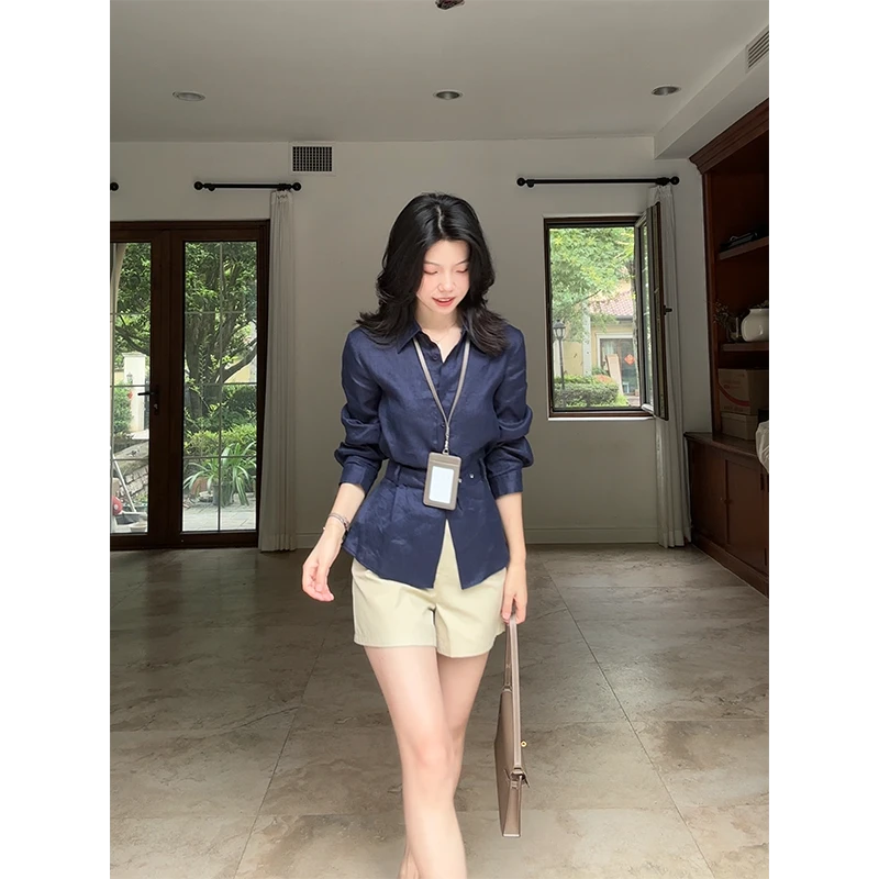 郭九九呢 100%亚麻航海系收腰显瘦长袖衬衫简约短裤 G925A06749