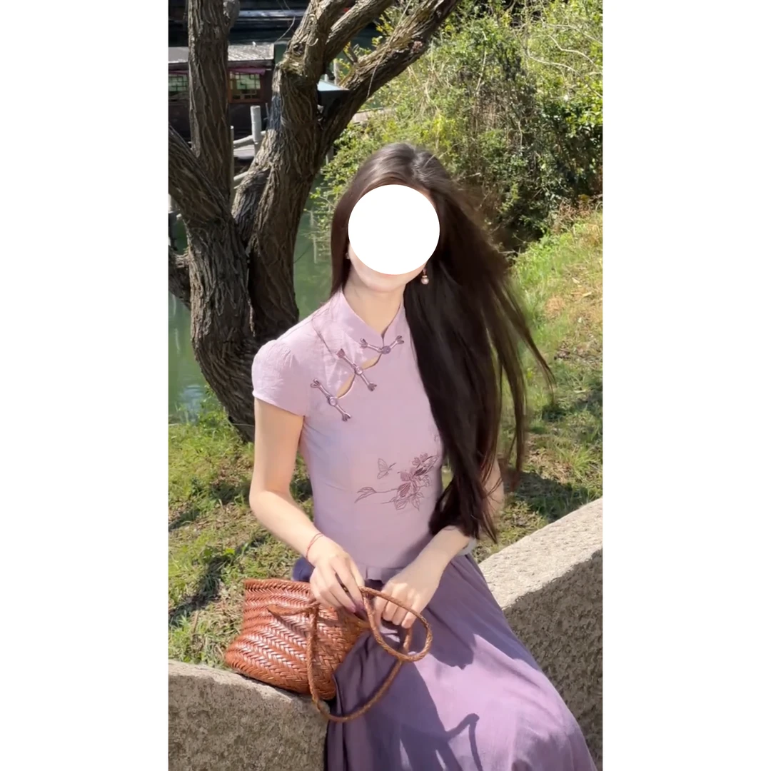 【D41经典】新中式复古国风绝美紫色夏季新款高端气质少女裙