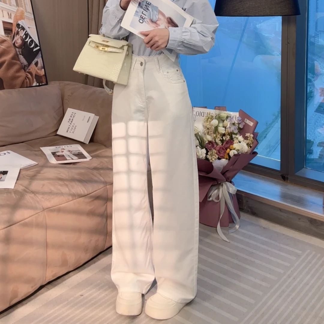 【静静衣橱】春季上新时尚休闲显瘦高腰蕾丝花边直筒白色牛仔裤688
