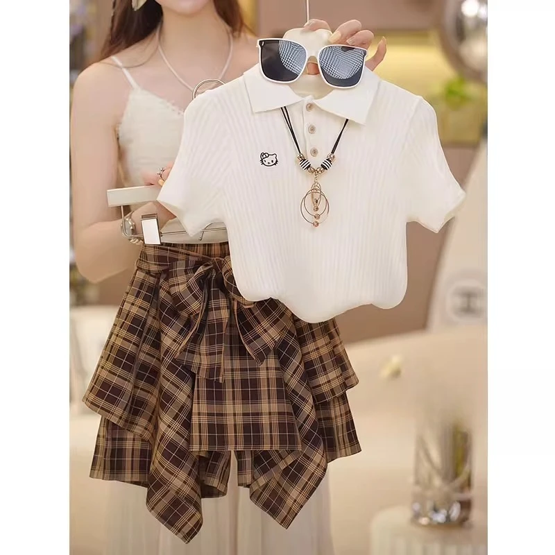 女童针织短袖半身裙套装夏款甜酷T恤冰丝POLO衫不规则格子短裙裤8